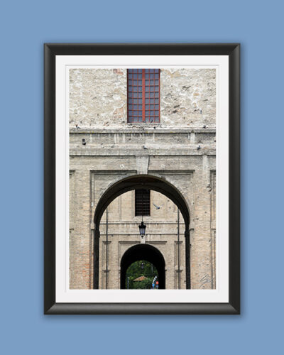 Black framed print of the entrance of Palazzo Pilotta in Parma. Captured by Photographer Scott Allen Wilson
