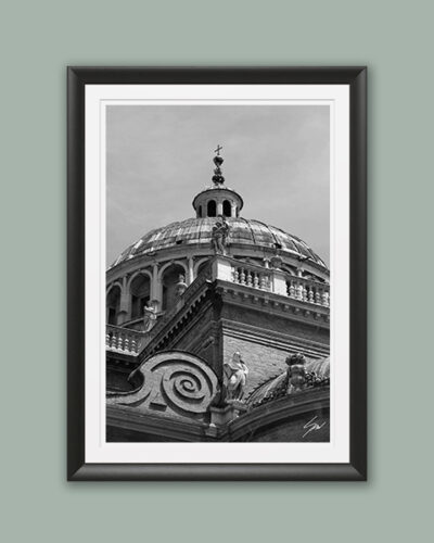 Black framed black and white print of the dome of the Basilica di Santa Maria della Steccata in Parma. Captured by Photographer Scott Allen Wilson