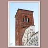 A white framed print of the San Francesco Church in white and green marble, while a red brick tower stands behind it in the city of Lucca, Italy. By Photographer Scott Allen Wilson.