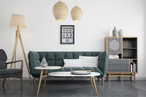 A black framed print of San Francesco Church's façade in Lucca, Italy, hanging in a modern living room. By Photographer Scott Allen Wilson.