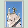 A white framed print of the Church of San Michele in Foro in the city of Lucca, Italy. By Photographer Scott Allen Wilson.