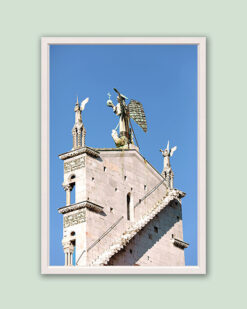 A white framed print of the Church of San Michele in Foro in the city of Lucca, Italy. By Photographer Scott Allen Wilson.