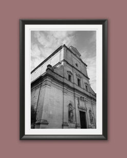 A black and white print of a view of the Basilica di San Paolino in Lucca, Italy. By Photographer Scott Allen Wilson.