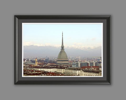 A black framed print of the skyline of Torino, Italy. By Photographer Scott Allen Wilson.