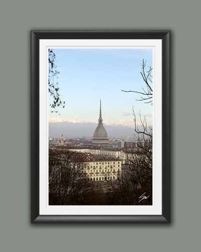 A black framed print of a view from a park in Torino, Italy. By Photographer Scott Allen Wilson.