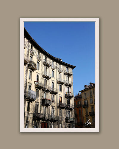 A white framed print of a palace hit by light and shadow in Torino, Italy. By Photographer Scott Allen Wilson.