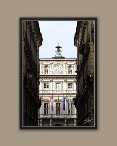 A black framed print of the town hall of Torino, Italy. By Photographer Scott Allen Wilson.