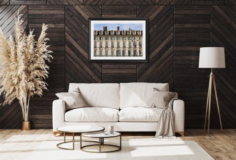 A black framed print of the Royal Palace of Torino, Italy, hanging in a modern living room. By Photographer Scott Allen Wilson.