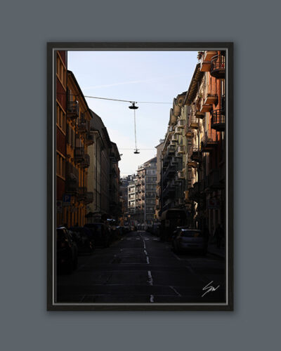 A black framed print of the streets of Turin, Italy. By Photographer Scott Allen Wilson.