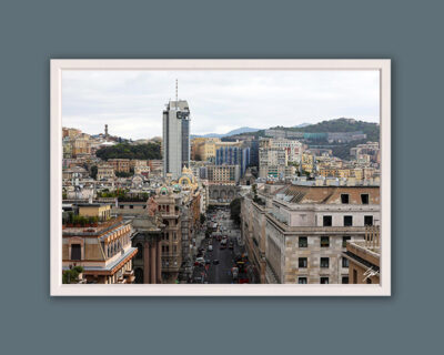 Wooden framed artistic print of a beautiful urban environment in Genova, Italy: a city core saturated with residential structures and life-bustling streets. Photo captured by Travel Photographer Scott Allen Wilson.