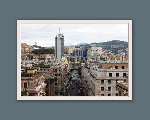 Wooden framed artistic print of a beautiful urban environment in Genova, Italy: a city core saturated with residential structures and life-bustling streets. Photo captured by Travel Photographer Scott Allen Wilson.