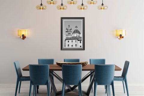 Genova photography print of a baroque dome and bell tower rising above the rooftops in black and white. Fine art by Scott Allen Wilson.