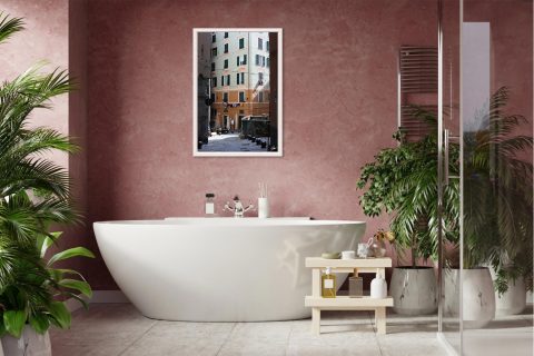 A downhill cobblestone alley meets the bright colors of an elegant Genovese residential block. Photo captured by Travel Photographer Scott Allen Wilson.