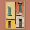 Fine art framed print of vibrant yellow and terracotta Italian building facades with green shuttered windows, The Colors of Cremona by Scott Allen Wilson, available in 8x12 and 16x24.