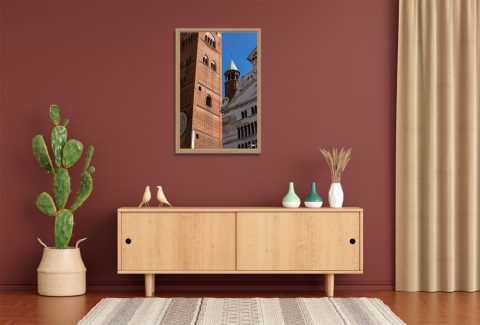 Mind Shift by Scott Allen Wilson framed travel print displayed on a living room wall above a wooden sideboard.