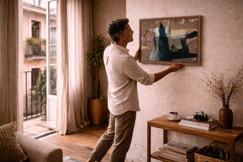 Fine art travel print of an aerial view of a historic Italian piazza with terracotta rooftops, colorful facades and a dramatic shadow sweeping across the square, The Source by Scott Allen Wilson, available in 8x12 and 16x24.