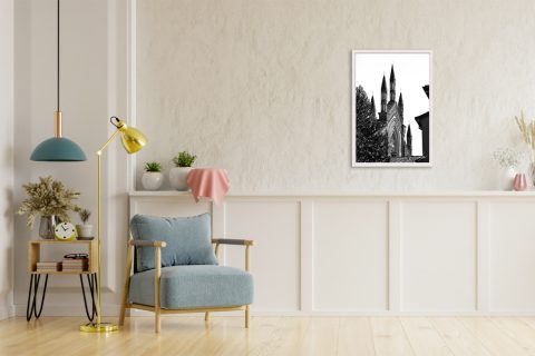 Black and white framed art print of gothic church spires rising above historic Pavia, Italy.