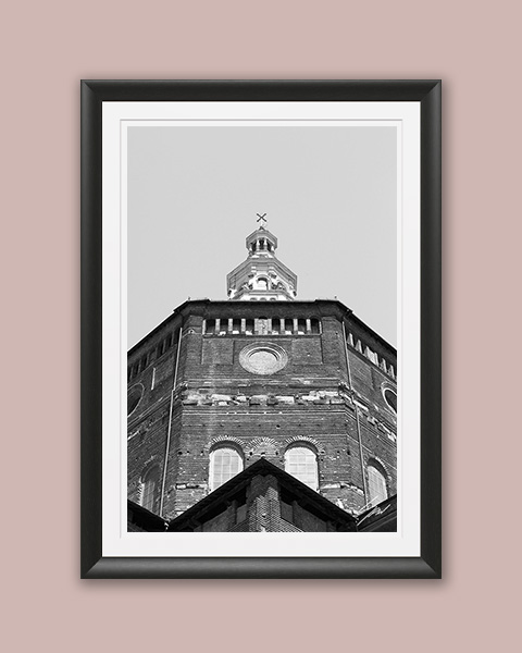 Framed black and white travel print featuring dramatic perspective and historic Italian design.