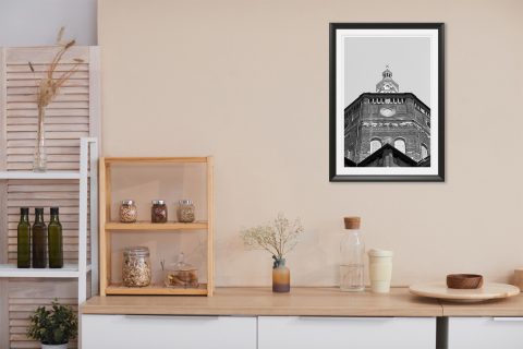 Framed black and white travel print featuring dramatic perspective and historic Italian design.