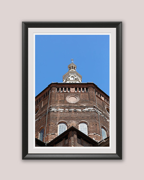Framed black and white travel print featuring dramatic perspective and historic Italian design.