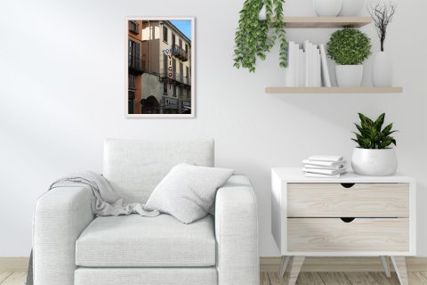 Architectural travel print capturing the iconic Vigoni sign and urban textures of Pavia.