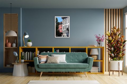 Travel framed print featuring architectural symmetry, pastel facades, and classic windows in Pavia.