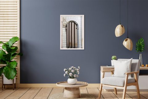 Minimalist travel print of stone textures, arches, and columns captured in Pavia, Italy.