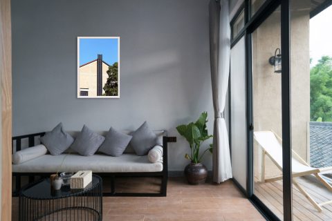 Fine art travel photograph featuring clean lines, blue skies, and modern architectural detail.