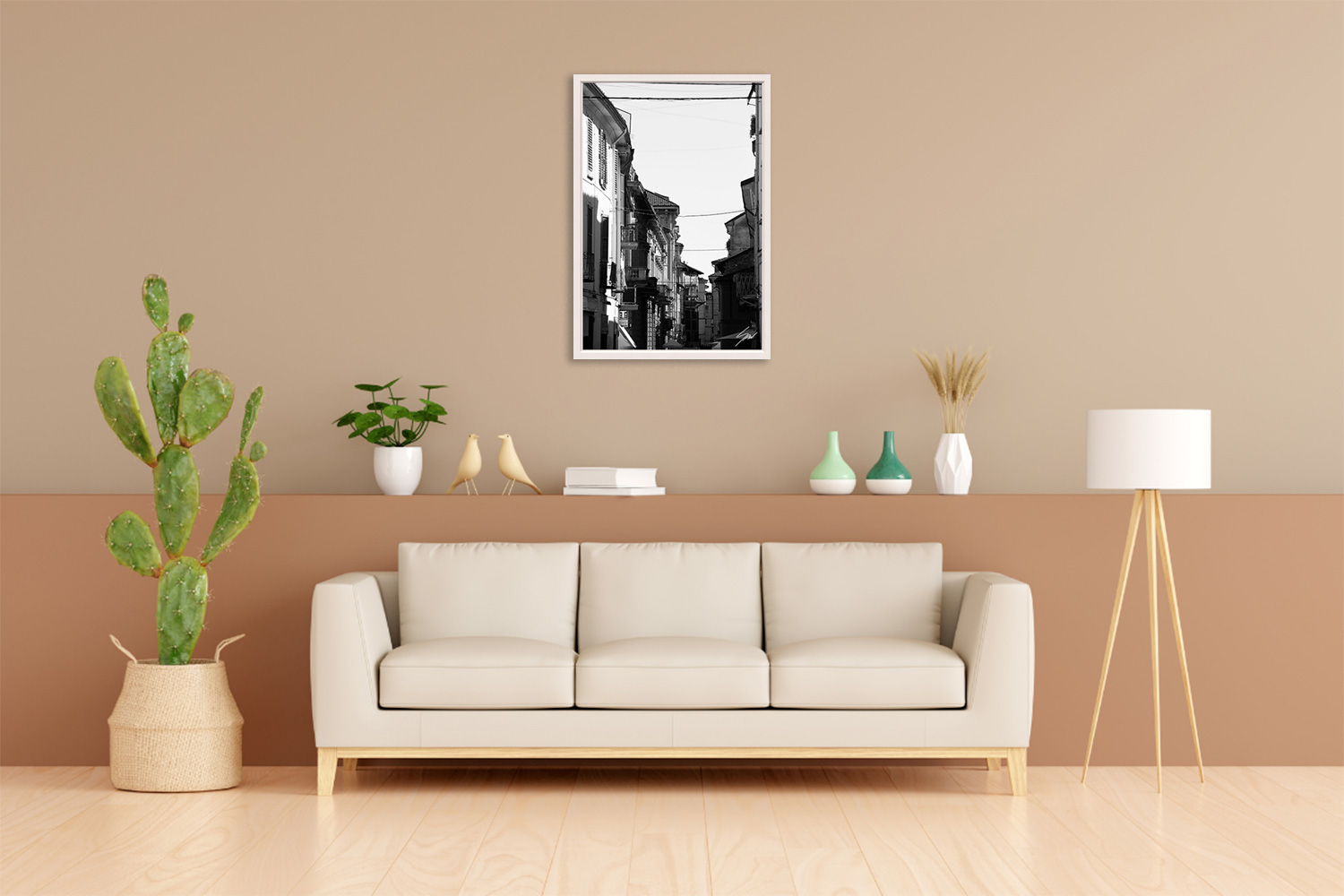 Framed B&W travel print featuring balconies, shadows, and urban textures in historic Italy.