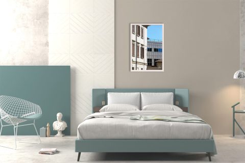 Framed travel art print contrasting historic and modern architecture in Pavia, Italy.