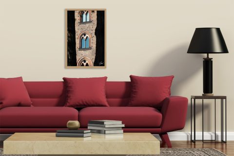 Fine art framed travel photography of historic Italian windows partially hidden by shadow.