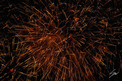 Color fine art photograph of golden fireworks over Recco, Italy, available as a framed print by Scott Allen Wilson.
