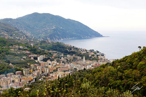 Color landscape photography print overlooking Recco, Italy, with the Ligurian Sea, rolling green hills, and the coastal town below.