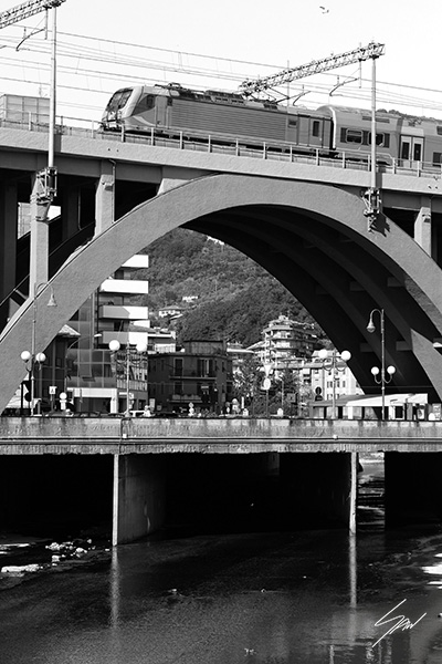 Travel fine art print featuring a railway bridge and passing train in monochrome, celebrating architecture, movement, and urban landscapes.