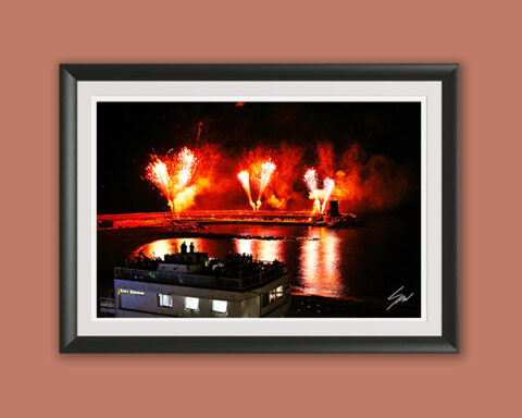 Framed photography print featuring the annual fireworks festival over Recco Harbour in Liguria, Italy.