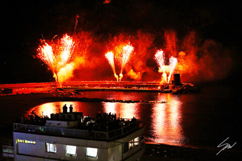 Framed photography print featuring the annual fireworks festival over Recco Harbour in Liguria, Italy.