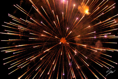 Color fine art photograph of golden fireworks exploding over Recco, Italy, creating a dramatic starburst against the night sky.