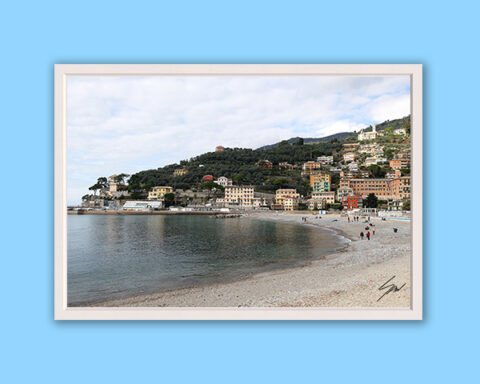 Panoramic fine art photograph of Recco's beach and hillside on a calm winter day along the Italian Riviera.