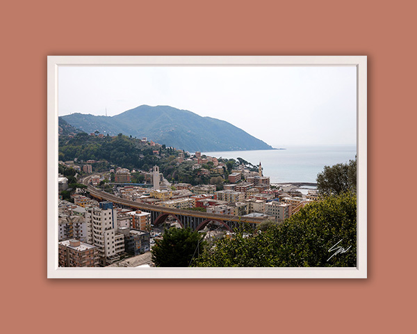 Fine art landscape photograph of Recco on the Italian Riviera, featuring the town, coastline, mountains, and the Ligurian Sea.