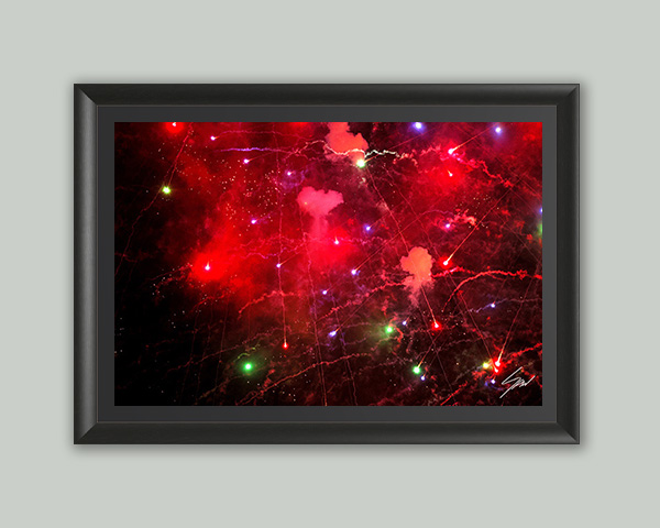 Travel fine art wall print featuring an abstract display of red fireworks, glowing sparks, and dramatic light against a dark night sky.