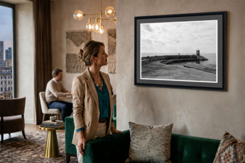 Black and white framed fine art print of Recco Harbour in Liguria, Italy, capturing the curved pier, lighthouse, and peaceful Mediterranean seascape.