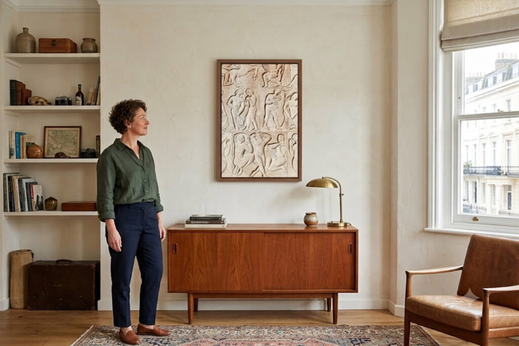 Framed fine art print of an ancient stone relief displayed in a warm, minimalist living room.