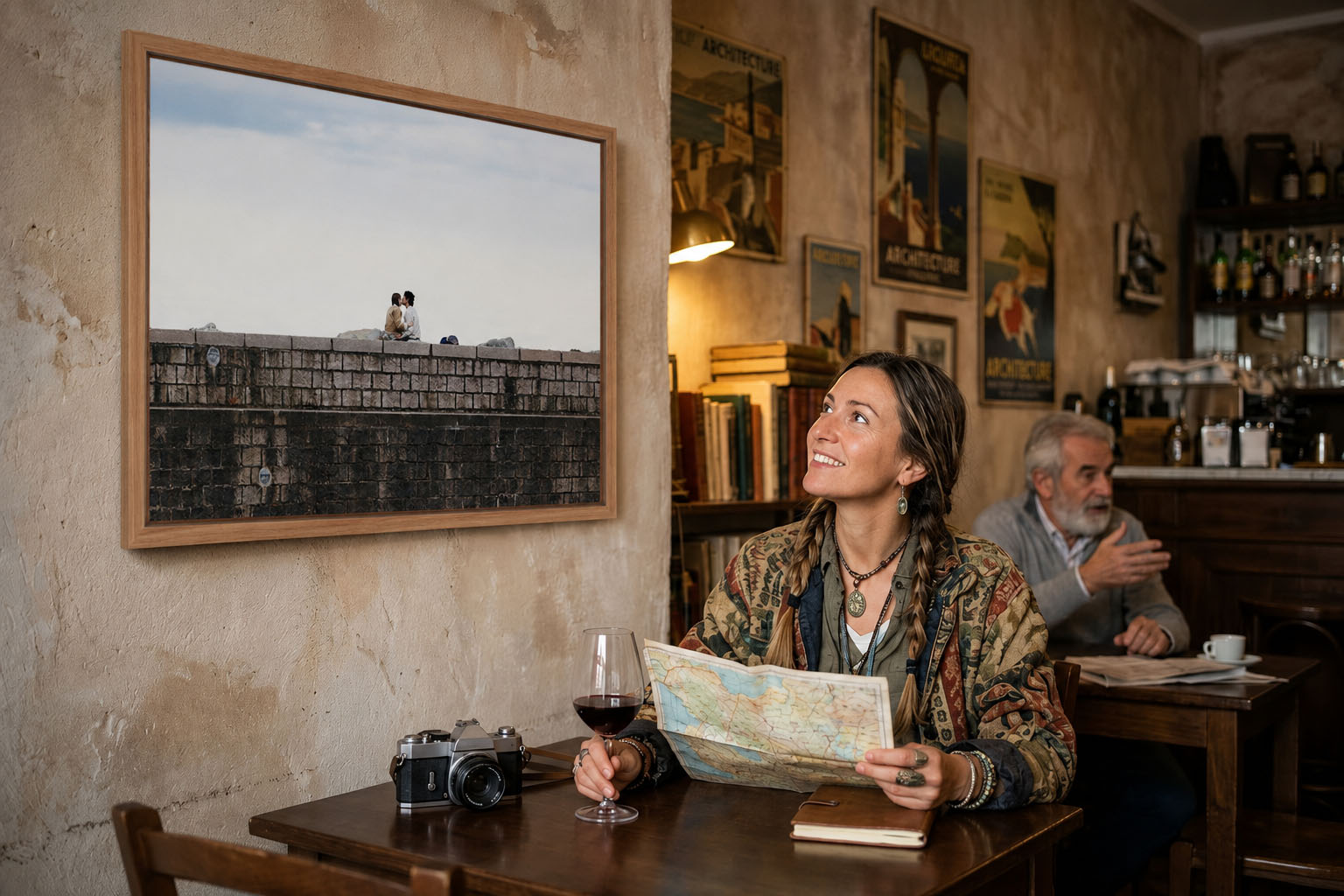 Framed fine art print of a couple sharing a quiet moment on Recco's breakwater displayed in a cozy Italian café.