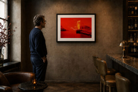 Framed fine art photography print of the Sagra del Fuoco lighting Recco Harbour in vivid red, displayed in a contemporary lounge.